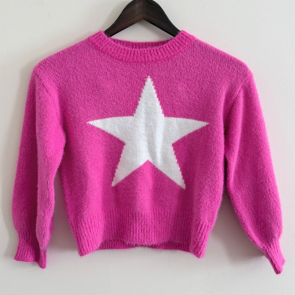 SHEIN Kids Hot Pink Fuzzy Star Knit Pullover Sweater Size 9Y